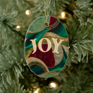 Christmas JOY Elegant Red, Gold , & Green Ceramic Ornament