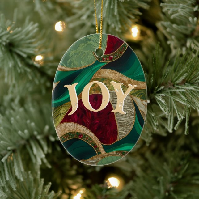 Christmas JOY Elegant Red, Gold , & Green Ceramic Ornament (Tree)