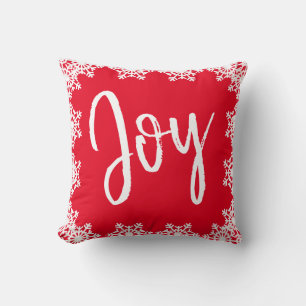 Christmas Joy Family Red White Script Snowflakes Throw Pillow
