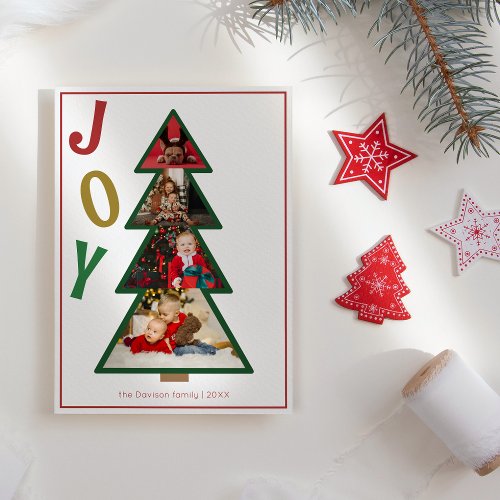 Christmas Joy Five Photo Collage Tree Holiday Card