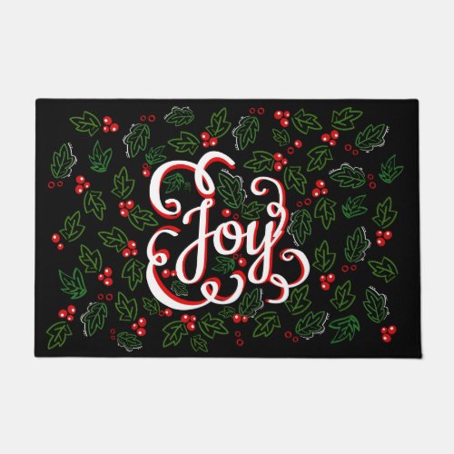 Christmas Joy Flourishes Holly Berries  Leaves Doormat