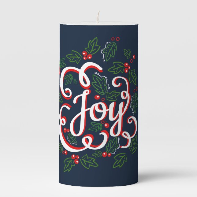 Christmas Joy Flourishes Holly Berries & Leaves Pillar Candle (Front)