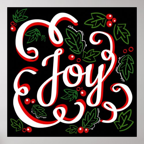 Christmas Joy Flourishes Holly Berries  Leaves Poster