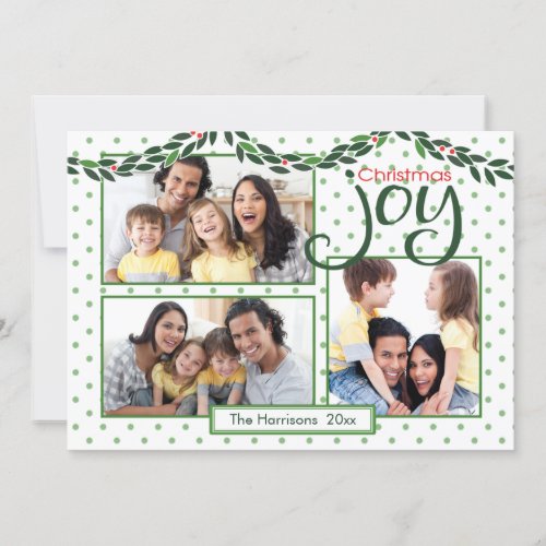 Christmas Joy Garland and Green Polka Dots Holiday Card