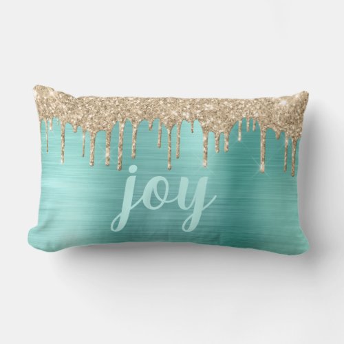 Christmas Joy Glitter Drips Teal Metallic Lumbar Pillow