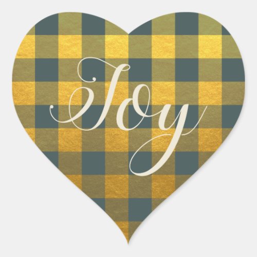 Christmas Joy Gold Black Gingham Buffalo Plaid Heart Sticker