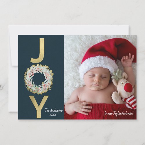 CHRISTMAS JOY Gold Foil Modern Two Sided Photo Holiday Card