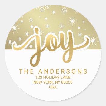 Christmas Joy Gold Handwritten Return Address Classic Round Sticker by HolidayInk at Zazzle