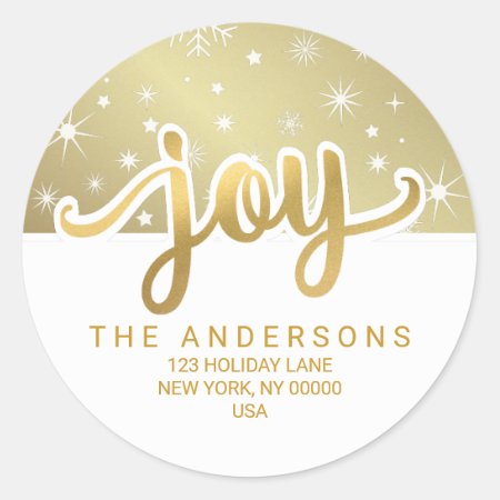 Christmas Joy Gold Handwritten Return Address Classic Round Sticker