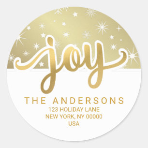 Christmas Joy Gold Handwritten Return Address Classic Round Sticker