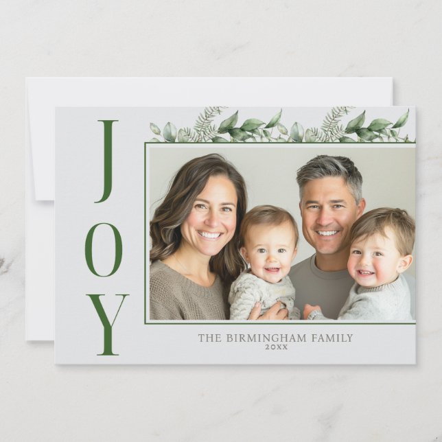Christmas Joy Green Family Photo Holiday Card (Front)