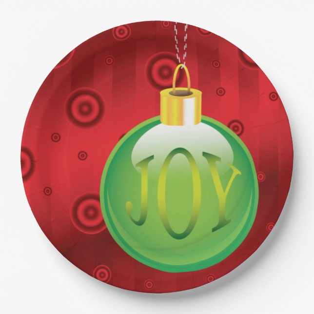 Christmas Joy Green Ornament Holiday Red Xmas Paper Plates (Front)