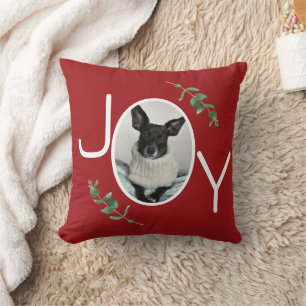 Christmas Joy Greenery Personalized Pet Photo Throw Pillow