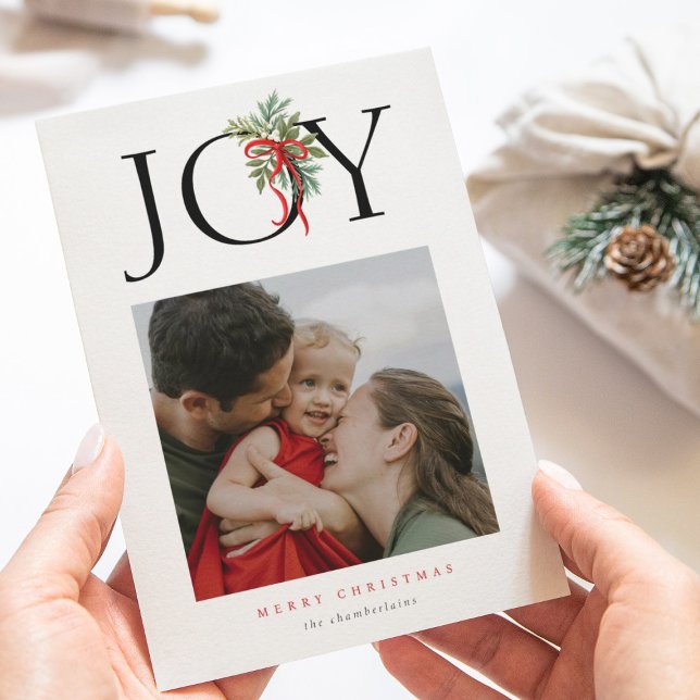 Christmas Joy Greenery Swag Red Bow Holiday Photo Card (Creator Uploaded)