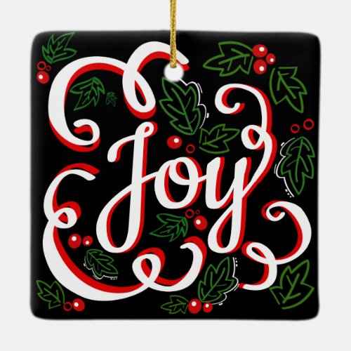 Christmas Joy Holly Berries  Leaves Family Photo Ceramic Ornament