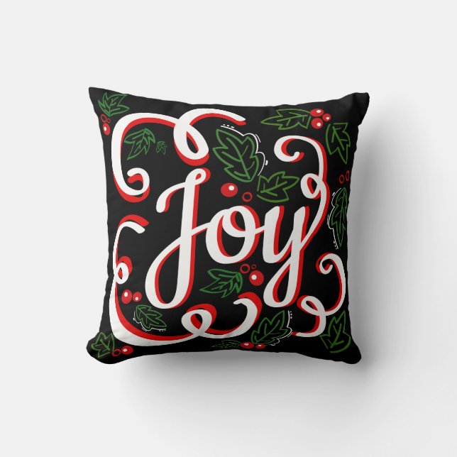 Christmas Joy Holly Berries & Leaves Throw Pillow (Front)