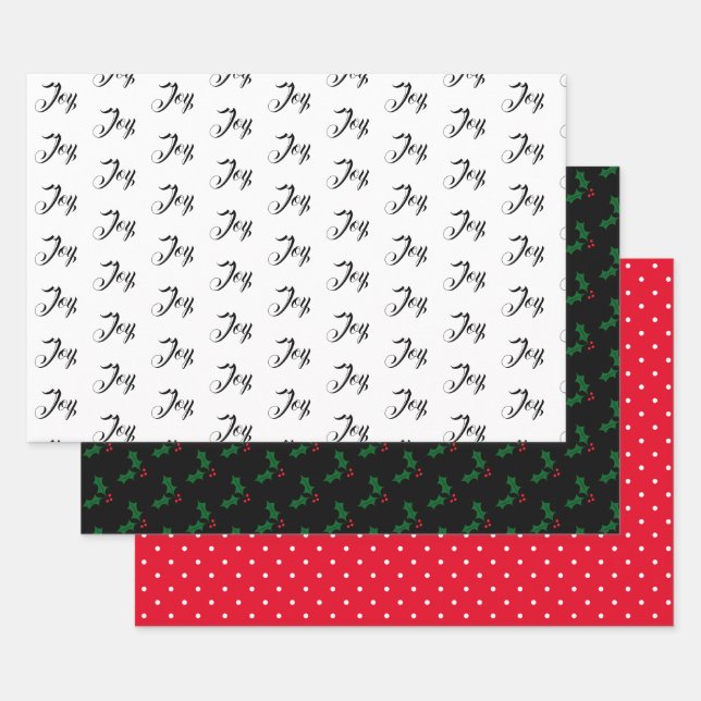 Christmas Joy, Holly, & White & Red Dots Wrapping Paper Sheets (Set)