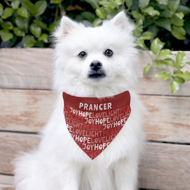 Christmas Joy Love Typography Pattern Red Pet Name Pet Bandana Collar (Dog)