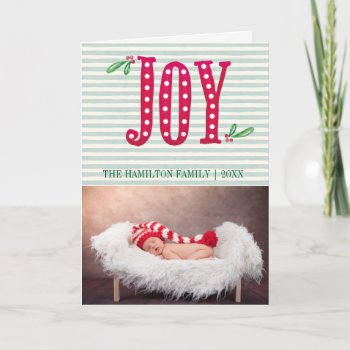 Christmas Joy Mint Stripe Photo Holiday Card by DesignsActual at Zazzle