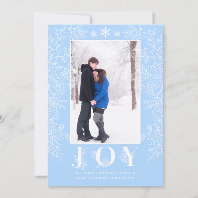 Christmas Joy Modern Floral Line Art Blue Photo Holiday Card (Front)