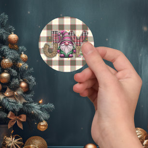 Christmas Joy Nordic Gnome Plaid Girly Classic Round Sticker