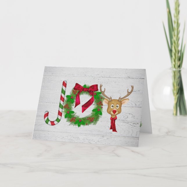 Christmas Joy on gray rustic wood with snowflakes Card (Front)