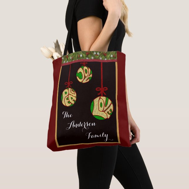 Christmas Joy Peace Love Family Personalize Tote Bag (Close Up)