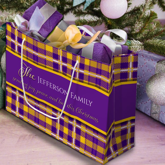 Christmas joy peace love purple yellow tartan  large gift bag (In situ , the gift bag under a Christmas tree filled with presents.)