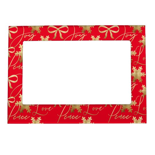 Christmas Joy Peace Love Red Gold Snowflakes Magnetic Frame | Zazzle.com