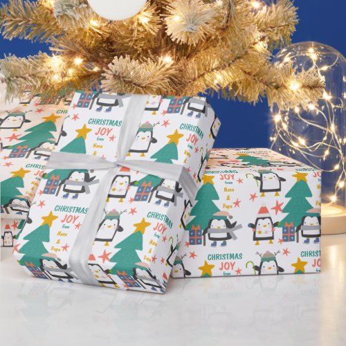 Christmas Joy Penguins and Holiday Tree Wrapping Paper