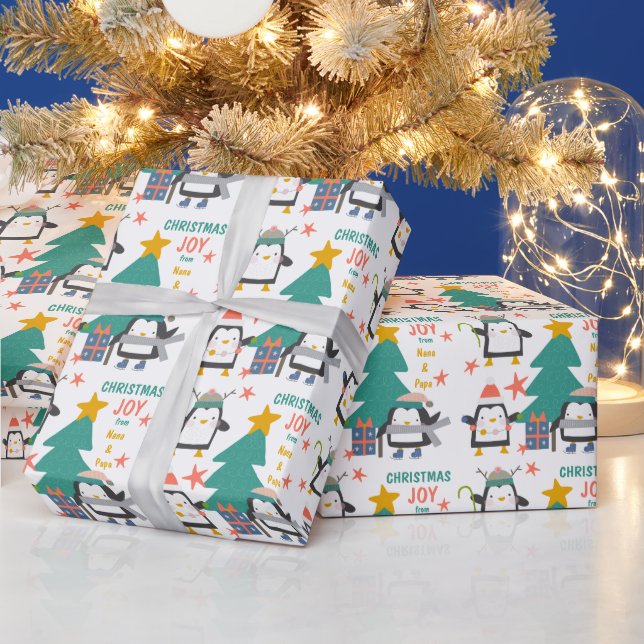 Christmas Joy Penguins and Holiday Tree Wrapping Paper (Holidays)