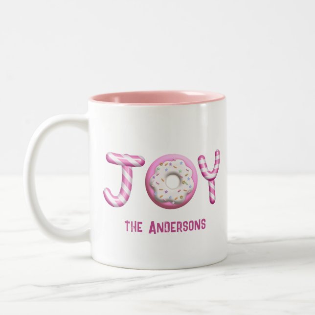 Christmas Joy | Pink Candy Cane Personalized  Two-Tone Coffee Mug (Left)