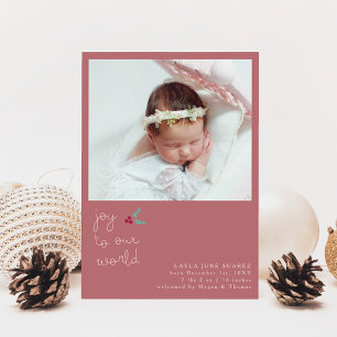 Christmas Joy Pink Photo Birth Announcement