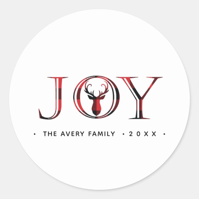 Christmas Joy Plaid Personalized Classic Round Sticker (Front)