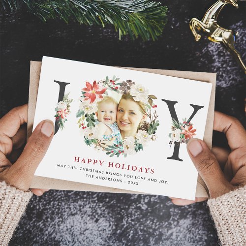 Christmas JOY Poinsettia Floral Wreath Photo Holiday Card