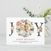Christmas JOY Poinsettia Floral Wreath Photo Holiday Card (Standing Front)