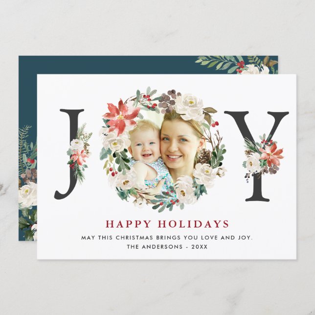 Christmas JOY Poinsettia Floral Wreath Photo Holiday Card (Front/Back)