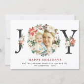 Christmas JOY Poinsettia Floral Wreath Photo Holiday Card (Front)