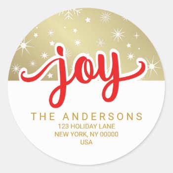 Christmas Joy Red And Gold Handwritten Address Classic Round Sticker by HolidayInk at Zazzle
