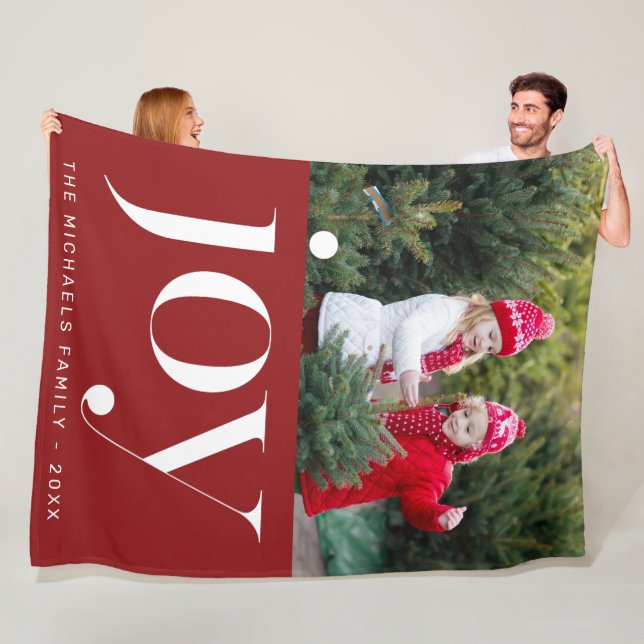 Christmas Joy Red and White Holiday Photo Fleece Blanket (In Situ)