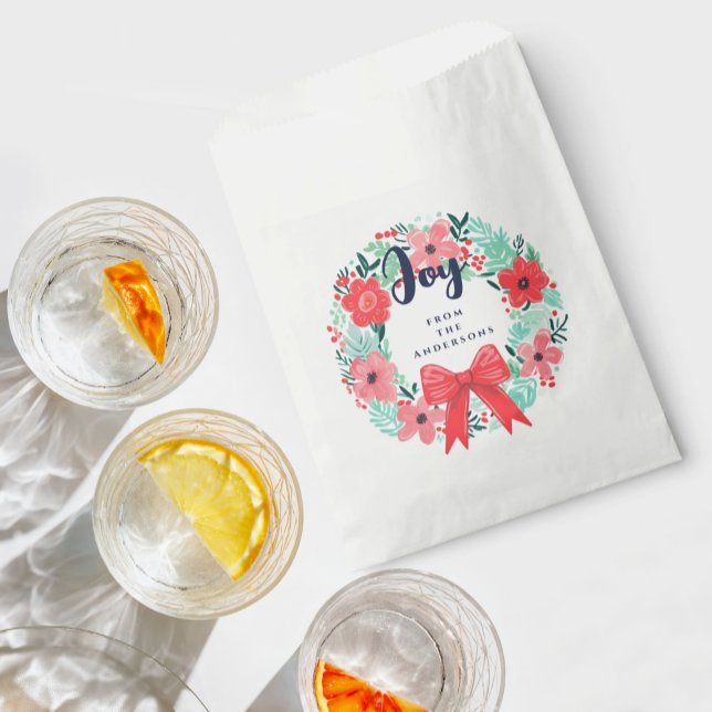 Christmas Joy Red Bow Floral Wreath Holiday  Favor Bag (Creator Uploaded)