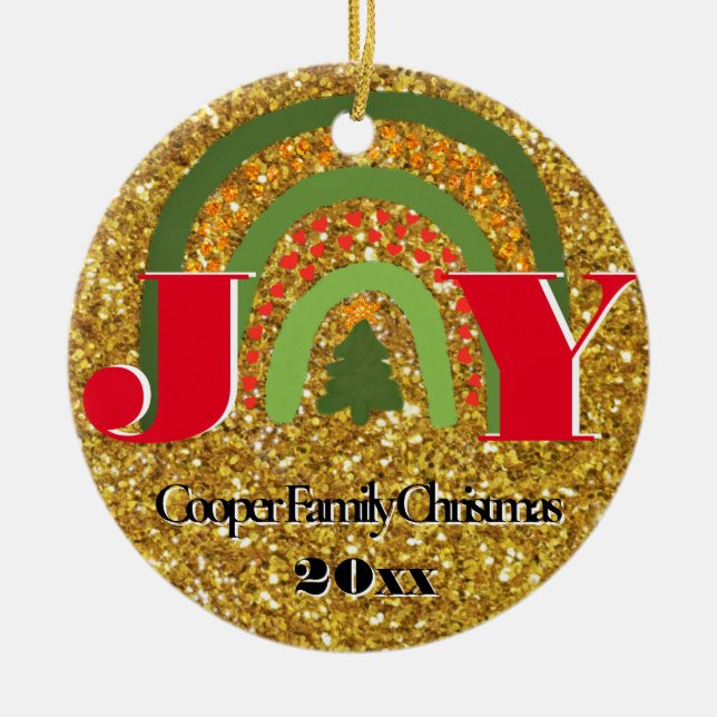  Christmas Joy red gold green rainbow personalize Ceramic Ornament (Front)