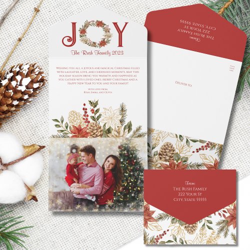 Christmas Joy Red Gold Poinsettias Personal Photo  All In One Invitation