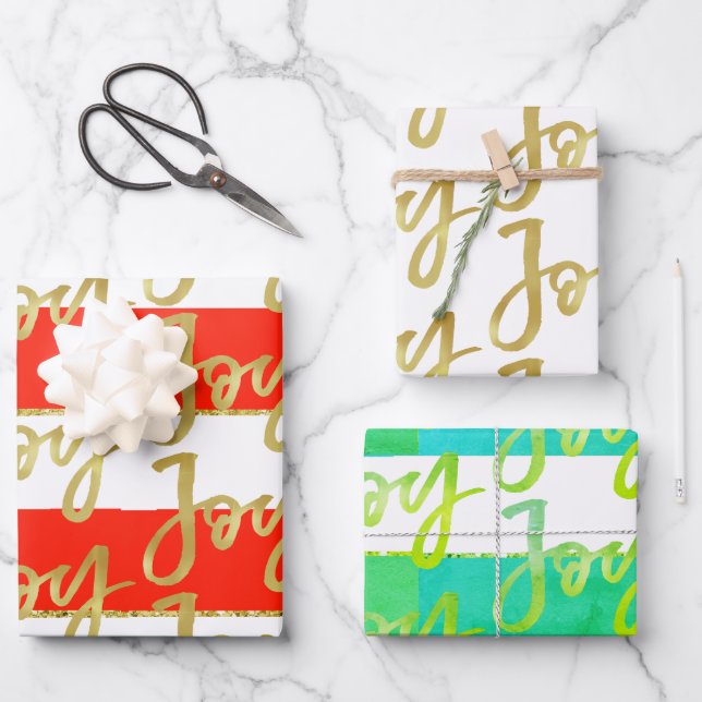 Christmas Joy Red Green White Gold Stripe Wrapping Paper Sheets (Front)