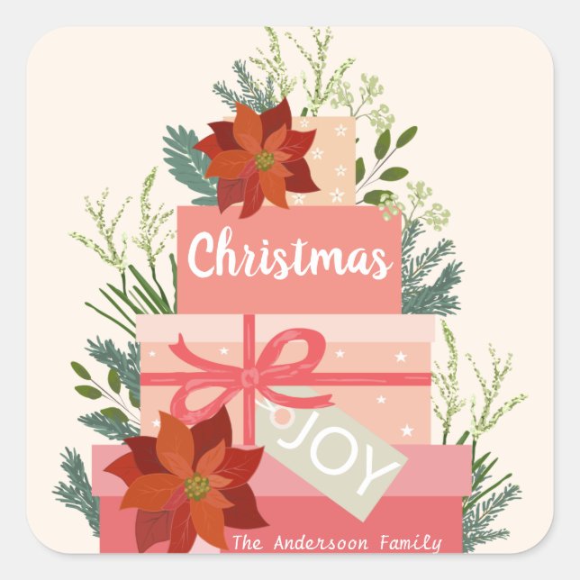 Christmas Joy Red Poinsettias personalize Square Sticker (Front)