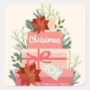 Christmas Joy Red Poinsettias personalize Square Sticker