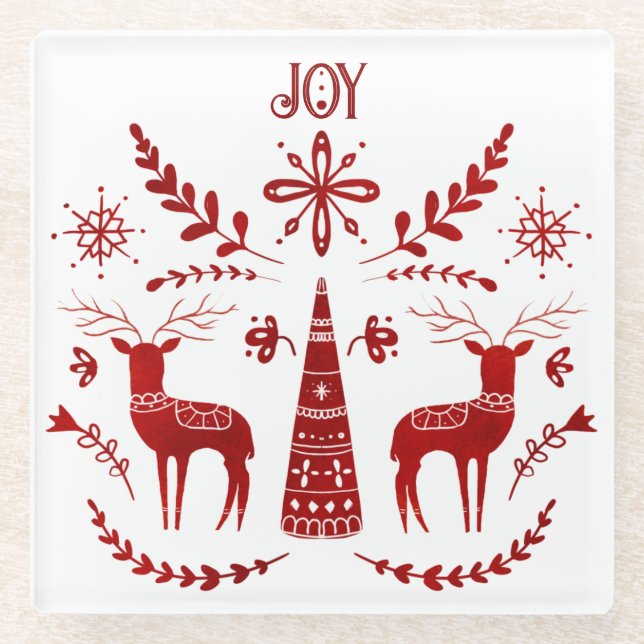 Christmas Joy Red Scandinavian Folk Art Reindeer Glass Coaster (Front)