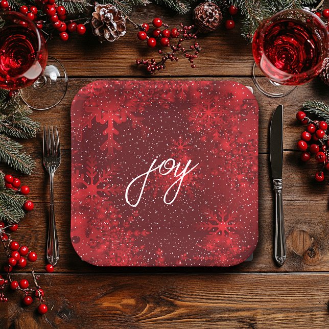Christmas Joy Red Snowflakes Falling Snow  Paper Plates (Creator Uploaded)
