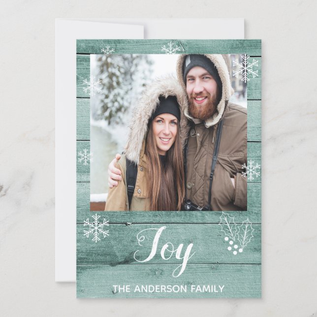 Christmas Joy rustic green wood photo card (Front)