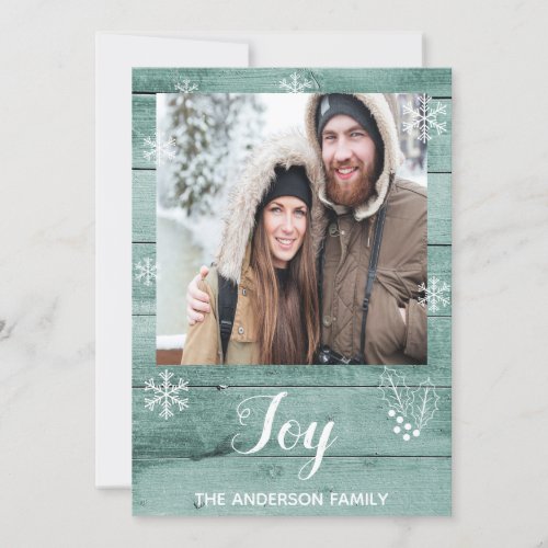 Christmas Joy rustic green wood photo card